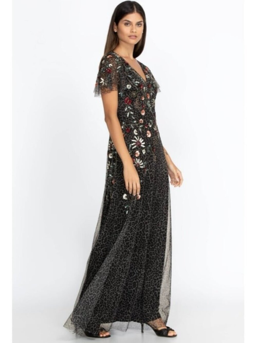 NWT Johnny Was Black Cheetah Beaded Mesh Maxi Dress 14